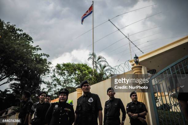 Malaysian police officers guard infront of North Korean Embassy in Kuala Lumpur on February 23, 2017