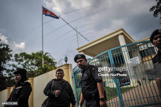 Malaysian police officers guard infront of North Korean Embassy in Kuala Lumpur on February 23, 2017