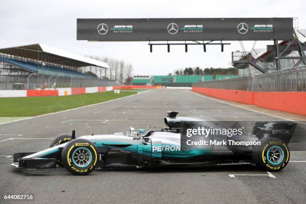 The Mercedes formula one team unveil their 2017 car, the W08, at Silverstone Circuit on February 23, 2017 in Northampton, England.