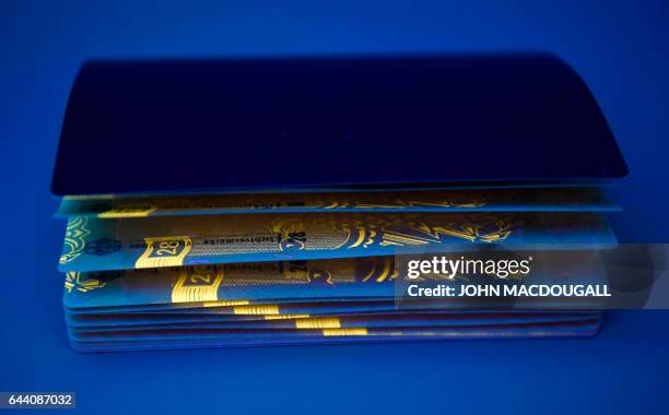 This picture taken on February 23, 2017 in Berlin shows a new German electronic passport during an official presentation. / AFP / John MACDOUGALL