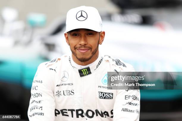 Lewis Hamilton of Great Britain and Mercedes GP poses during the launch of the Mercedes formula one team's 2017 car, the W08, at Silverstone Circuit...