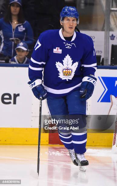Rich Clune of the Toronto Marlies skates in warmup prior to a game against the Binghamton Senators on February 20, 2017 at Air Canada Centre in...