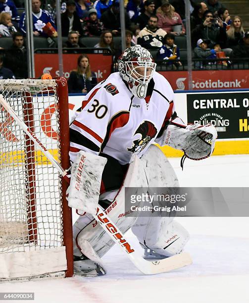 Andrew Hammond of the Binghamton Senators prepares for a shot against the Toronto Marlies during AHL game action on February 20, 2017 at Air Canada...
