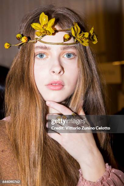 Model is seen backstage ahead of the Tiffany&Co And Luisa Beccaria show during Milan Fashion Week Fall/Winter 2017/18 on February 23, 2017 in Milan,...