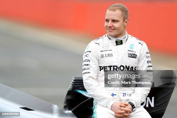 Valtteri Bottas of Finland and Mercedes GP poses during the launch of the Mercedes formula one team's 2017 car, the W08, at Silverstone Circuit on...