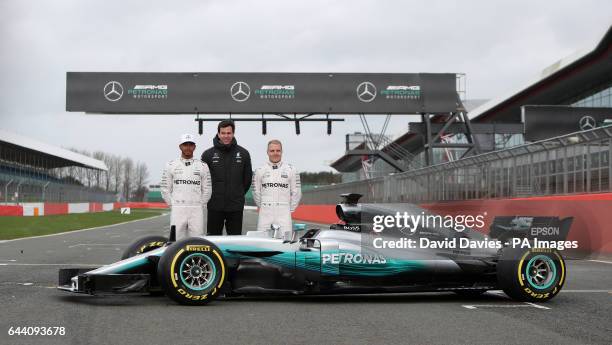 Lewis Hamilton, team principal Toto Wolff and Valtteri Bottas during the Mercedes-AMG 2017 Car Launch at Silverstone, Towcester.