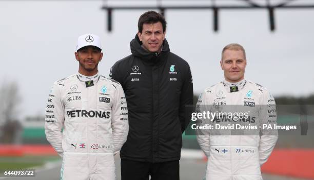 Lewis Hamilton, team principal Toto Wolff and Valtteri Bottas during the Mercedes-AMG 2017 Car Launch at Silverstone, Towcester.