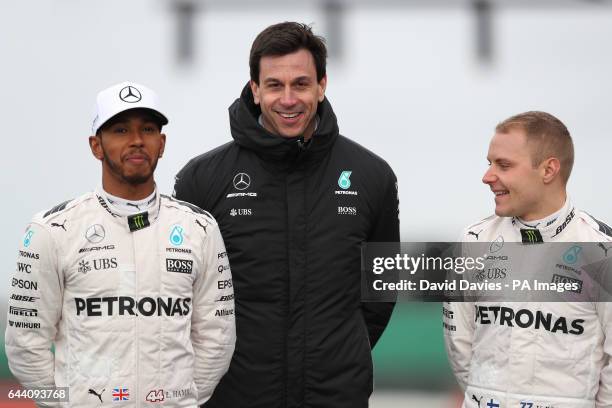 Lewis Hamilton, team principal Toto Wolff and Valtteri Bottas during the Mercedes-AMG 2017 Car Launch at Silverstone, Towcester.