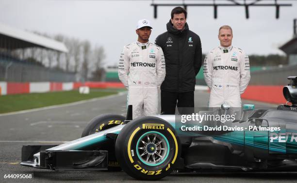 Lewis Hamilton, team principal Toto Wolff and Valtteri Bottas during the Mercedes-AMG 2017 Car Launch at Silverstone, Towcester.