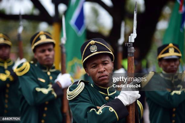 South African Defence Force members parade at Moses Mabhida stadium during Armed Forces day on February 21, 2017 in Durban, South Africa. President...