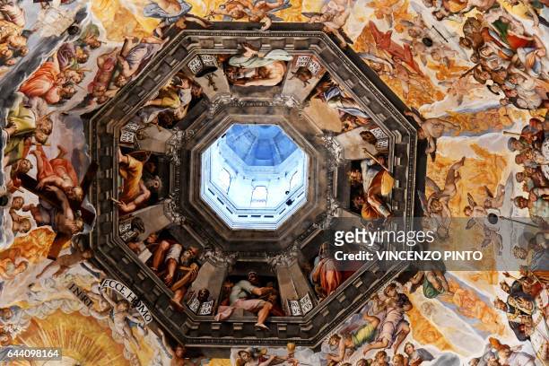 Picture taken on February 23, 2017 shows the fresco "Last Judgment" by Italian artist Giorgio Vasari in the dome built by Italian architect Filippo...