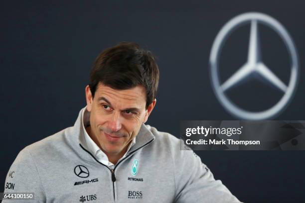 Mercedes GP Executive Director Toto Wolff looks on during a press conference after the launch of the Mercedes formula one team's 2017 car, the W08,...