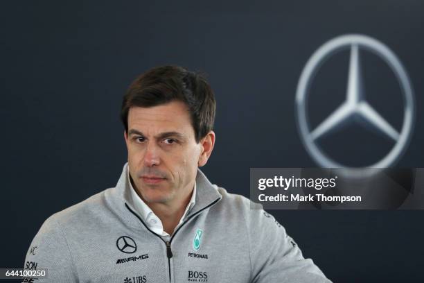 Mercedes GP Executive Director Toto Wolff looks on during a press conference after the launch of the Mercedes formula one team's 2017 car, the W08,...