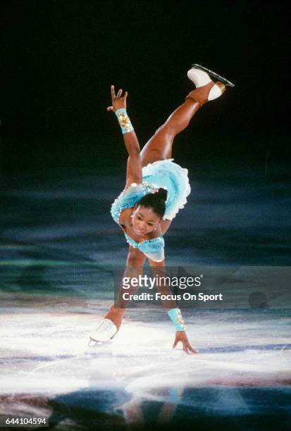 Figure Skater Surya Bonaly of France competes in a figure skating competition circa 1997.