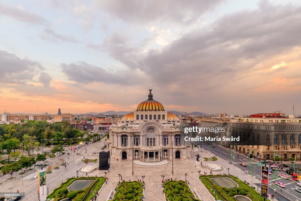 Mexico City - Aerial of Palacio de Bellas Artes at Sunset