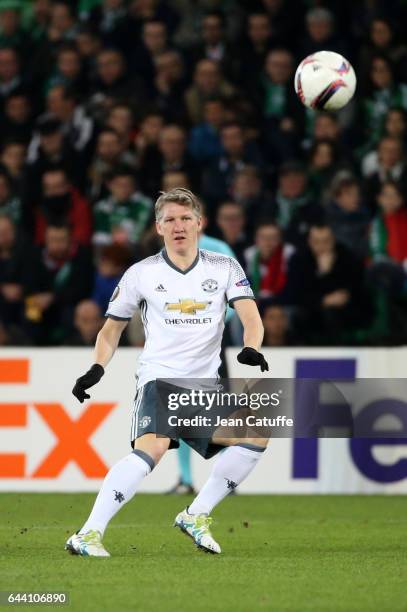 Bastian Schweinsteiger of Manchester United in action during the UEFA Europa League Round of 32 second leg match between AS Saint-Etienne and...