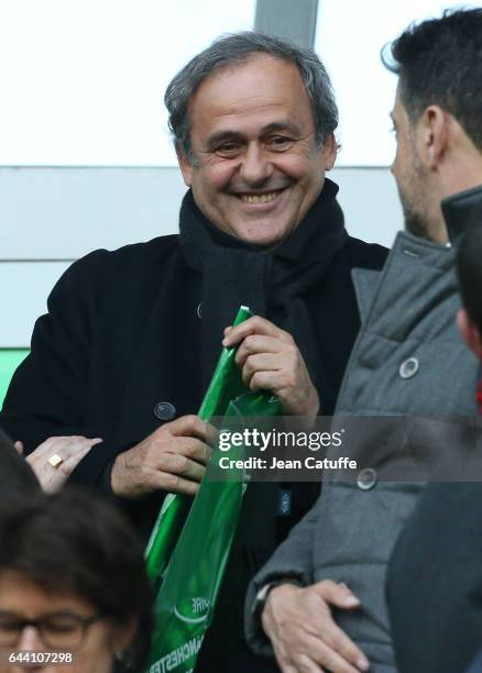 Michel Platini attends the UEFA Europa League Round of 32 second leg match between AS Saint-Etienne and Manchester United at Stade Geoffroy-Guichard...