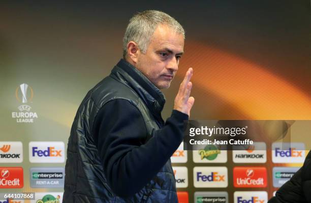 Coach of Manchester United Jose Mourinho answers to the media following the UEFA Europa League Round of 32 second leg match between AS Saint-Etienne...