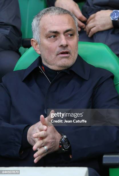 Coach of Manchester United Jose Mourinho looks on during the UEFA Europa League Round of 32 second leg match between AS Saint-Etienne and Manchester...