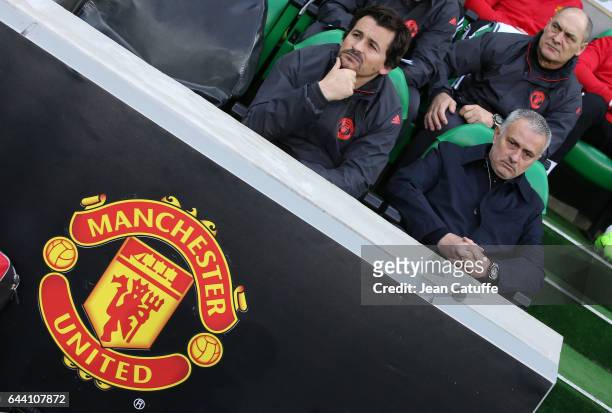 Assistant coach of Man U Rui Faria and coach of Manchester United Jose Mourinho look on before the UEFA Europa League Round of 32 second leg match...
