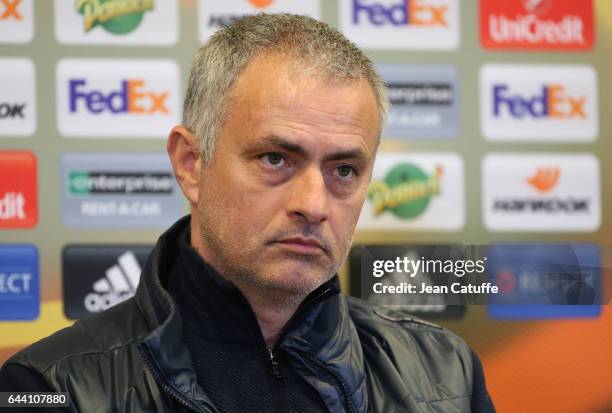 Coach of Manchester United Jose Mourinho answers to the media following the UEFA Europa League Round of 32 second leg match between AS Saint-Etienne...