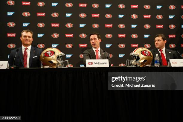 General Manager John Lynch, Head Coach Kyle Shanahan and CEO Jed York of the San Francisco 49ers speak to the media during a press conference at Levi...