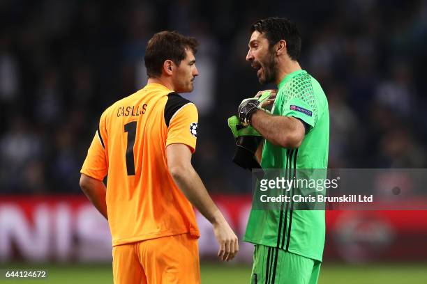 Gianluigi Buffon of Juventus and Iker Casillas of FC Porto speak at the end of the UEFA Champions League Round of 16 first leg match between FC Porto...