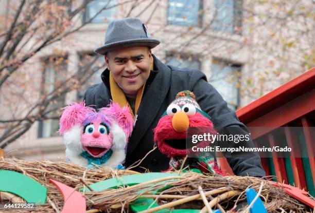 Actor Christopher Jackson, Elmo and Abby Cadabby on the Sesame Street Float during the 90th Macys Thanksgiving Day Parade in New York City, New York,...