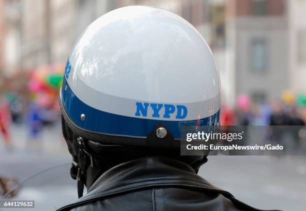 Close-up view from behind of the helmet of a New York Police Department riot police officer, November 24, 2016. .