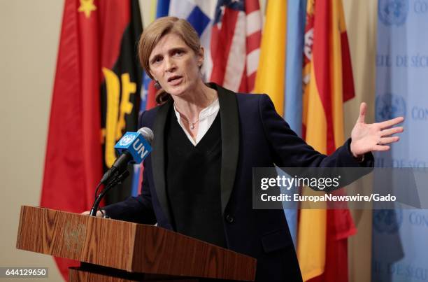 Press Conference by US ambassador to the UN Samantha Power on the crimes against humanity happening in Aleppo Syria at the UN Headquarters in New...