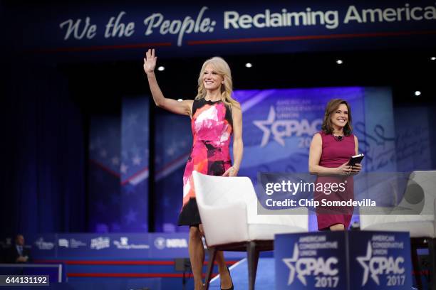 White House Counselor to the President Kellyanne Conway takes the stage with Mercedes Schlapp during the first day of the Conservative Political...