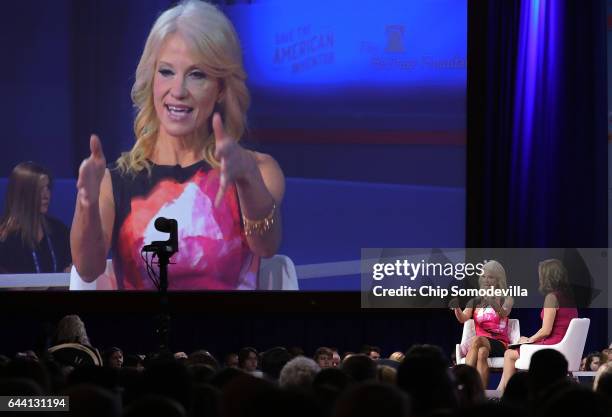 White House Counselor to the President Kellyanne Conway is interviewed by Mercedes Schlapp during the first day of the Conservative Political Action...