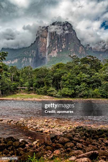 ángel cae vista del campamento del río churun. parque nacional canaima - angel falls fotografías e imágenes de stock