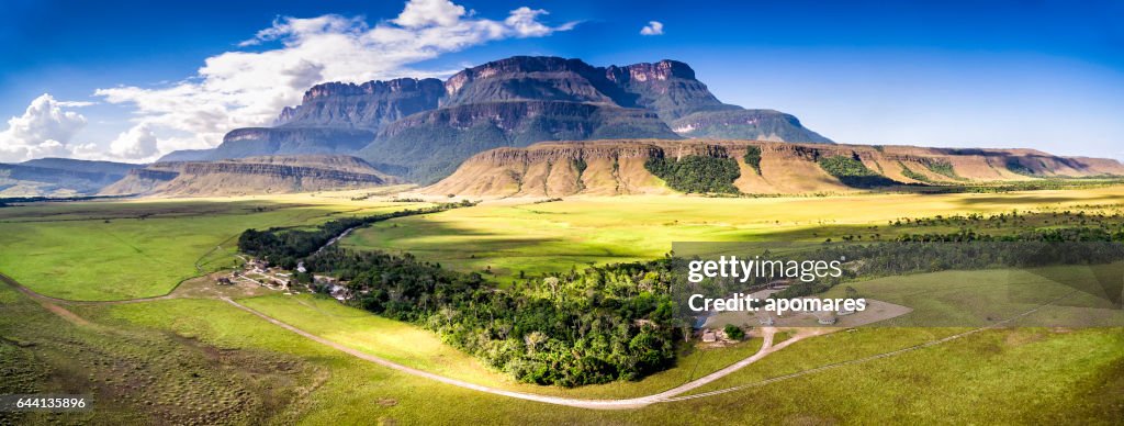 Aerial view Uruyen indigeous camp Auyantepui, La Gran Sabana, Venezuela