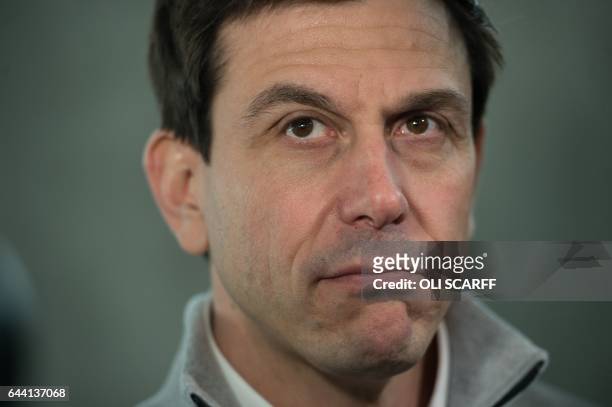 Head of Mercedes team Toto Wolff looks on during the launch event of the new 2017 season Mercedes W08 EQ Power+ Formula One car at Silverstone motor...