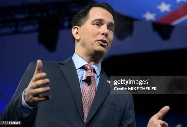 Wisconsin Governor Scott Walker speaks at the Conservative Political Action Conference at National Harbor, Maryland, on February 23, 2017. / AFP /...