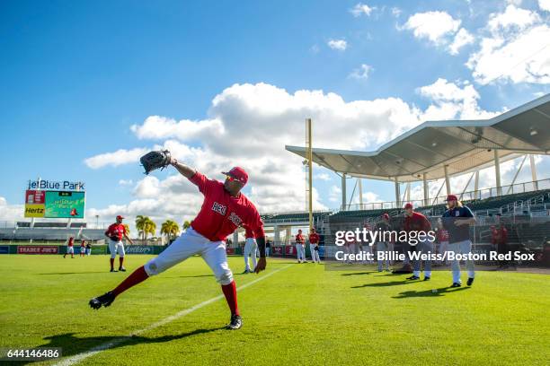 Roenis Elias of the Boston Red Sox warms up before a game against Northeastern University on February 23, 2017 at Fenway South in Fort Myers, Florida...