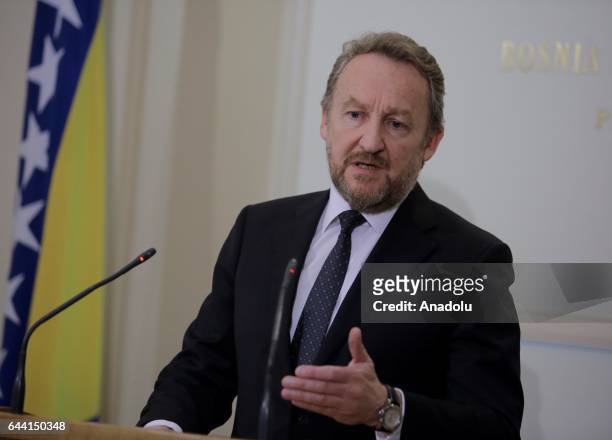 Chairman of the Presidency of Bosnia and Herzegovina, Bakir Izetbegovic gives a speech during a press conference in Sarajevo, Serbia on February 23,...