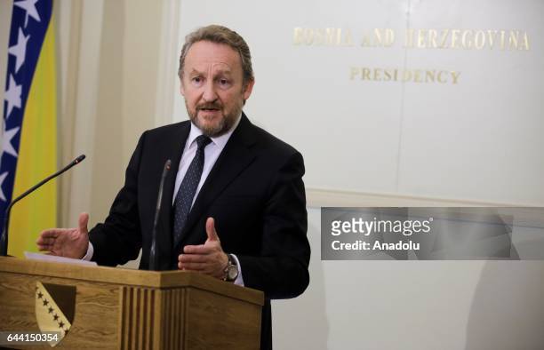 Chairman of the Presidency of Bosnia and Herzegovina, Bakir Izetbegovic gives a speech during a press conference in Sarajevo, Serbia on February 23,...
