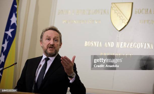 Chairman of the Presidency of Bosnia and Herzegovina, Bakir Izetbegovic gives a speech during a press conference in Sarajevo, Serbia on February 23,...