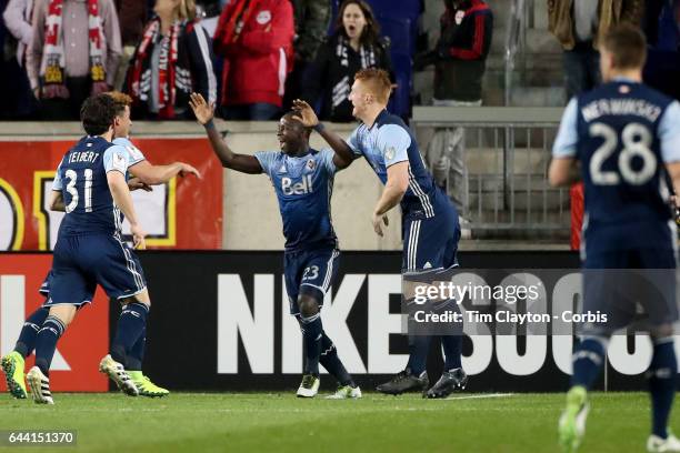 Kekuta Manneh of Vancouver Whitecaps celebrates with teammates after scoring during the New York Red Bulls Vs Vancouver Whitecaps FC CONCACAF...