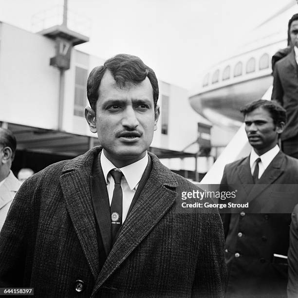 Indian test cricketers arriving at London Airport for the start of their tour - pictured is team captain Ajit Wadekar, UK, 18th June 1971.