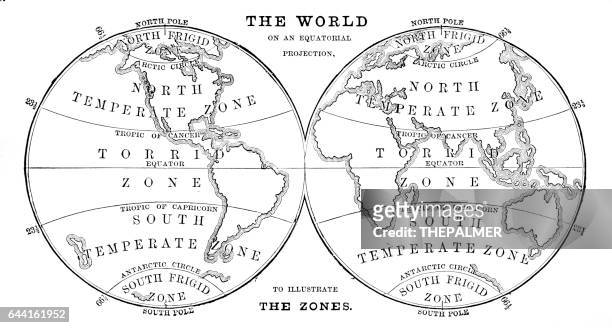 ilustraciones, imágenes clip art, dibujos animados e iconos de stock de mundo en hemisferios zonas 1881 - eastern hemisphere