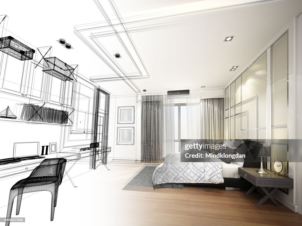 Abstract Sketch Design Of Interior Bedroom 3d Rendering High-Res Vector ...