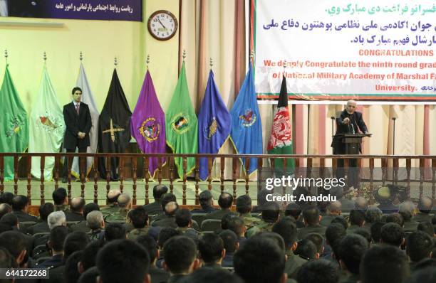 Afghan President Ashraf Ghani gives a speech during the graduation ceremony of Afghan military officers at the National Military Academy of Marshal...