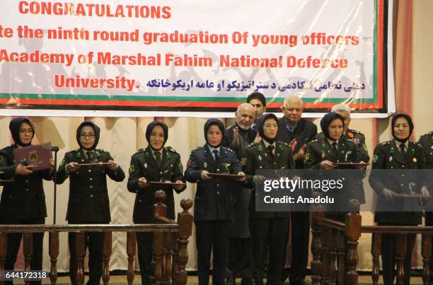 Afghan President Ashraf Ghani gestures during the graduation ceremony of Afghan military officers at the National Military Academy of Marshal Fahim...