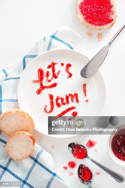 food typography let's jam on a white background - rustic font stock pictures, royalty-free photos & images