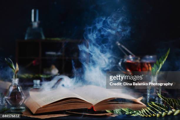 open spell book with magical smoke - bruja fotografías e imágenes de stock