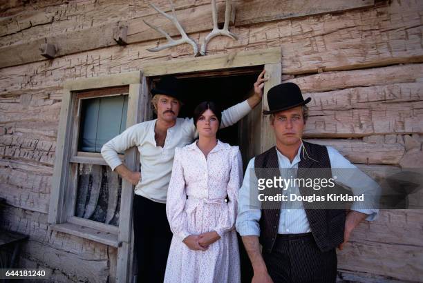 Robert Redford as the Sundance Kid, Katharine Ross as Etta Place, and Paul Newman as Butch Cassidy during the filming of Butch Cassidy and the...