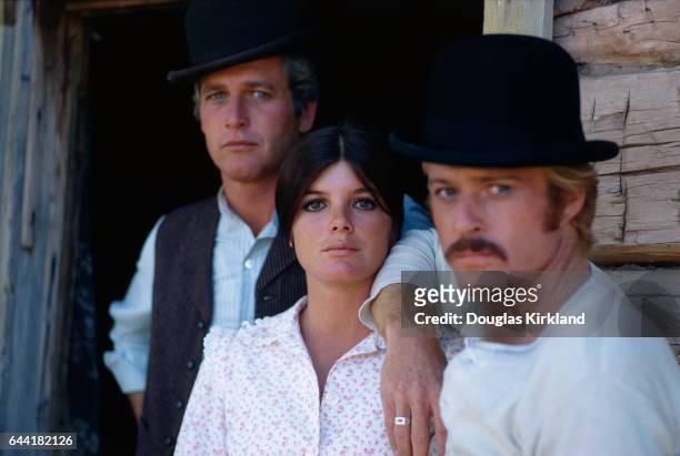 Robert Redford as the Sundance Kid, Katharine Ross as Etta Place, and Paul Newman as Butch Cassidy during the filming of Butch Cassidy and the...
